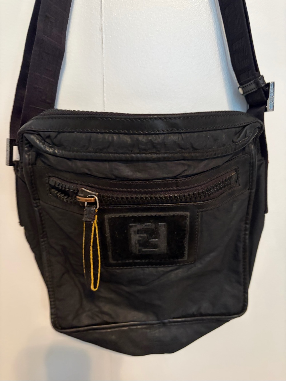 Fendi Black Leather Messenger Crossbody Bag with Yellow Pull - Unisex